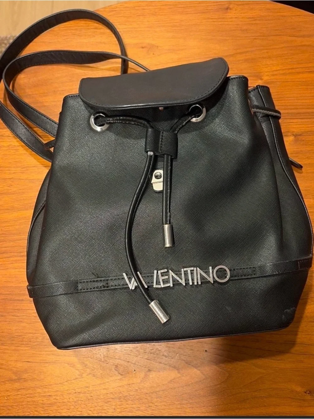 Valentino Black Drawstring Backpack with Silver Logo